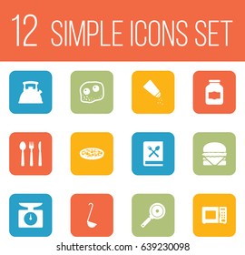 Set Of 12 Culinary Icons Set.Collection Of Cooking Instruction, Weighing Machine, Electronic Oven And Other Elements.