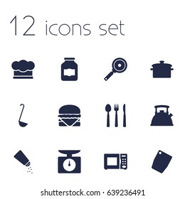 Set Of 12 Culinary Icons Set.Collection Of Saucepan, Scoop, Chef Cap And Other Elements.