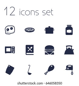 Set Of 12 Culinary Icons Set.Collection Of Cutting Surface, Eggs, Electronic Oven And Other Elements.