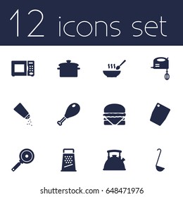 Set Of 12 Culinary Icons Set.Collection Of Scoop, Kitchen Rasp, Teapot And Other Elements.