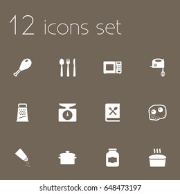 Set Of 12 Culinary Icons Set.Collection Of Silverware, Cooking Instruction, Electronic Oven And Other Elements.