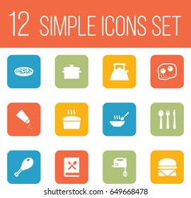 Set Of 12 Culinary Icons Set.Collection Of Sandwich, Broth, Saucepan Elements.