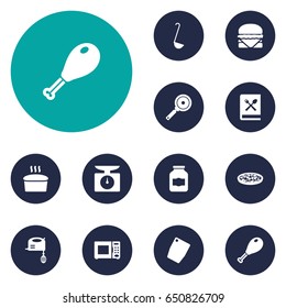 Set Of 12 Culinary Icons Set.Collection Of Cutting Surface, Poultry Foot, Sandwich Elements.