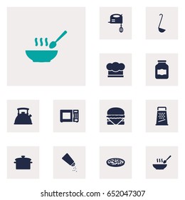 Set Of 12 Culinary Icons Set.Collection Of Broth, Saltshaker, Pepperoni And Other Elements.