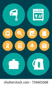 Set Of 12 Culinary Icons Set.Collection Of Electric Teapot, Skillet, Espresso And Other Elements.