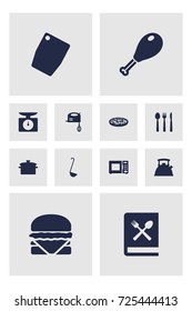 Set Of 12 Culinary Icons Set.Collection Of Scoop, Silverware, Cooking Instruction And Other Elements.
