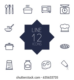 Set Of 12 Culinary Outline Icons Set.Collection Of Microwave, Omelette, Grater And Other Elements.