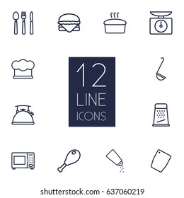 Set Of 12 Culinary Outline Icons Set.Collection Of Salt, Hat, Microwave And Other Elements.