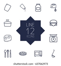 Set Of 12 Culinary Outline Icons Set.Collection Of Microwave, Ladle, Omelette And Other Elements.