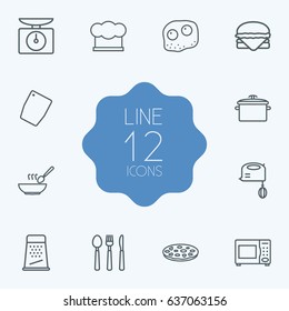 Set Of 12 Culinary Outline Icons Set.Collection Of Mixer, Pan, Grater And Other Elements.