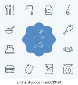Set Of 12 Culinary Outline Icons Set.Collection Of Cutlery, Hamburger, Chicken Leg And Other Elements.