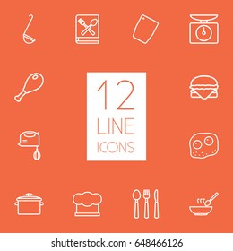 Set Of 12 Culinary Outline Icons Set.Collection Of Soup, Hamburger, Cutlery And Other Elements.