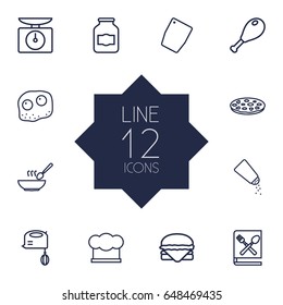 Set Of 12 Culinary Outline Icons Set.Collection Of Pizza, Omelette, Mixer And Other Elements.