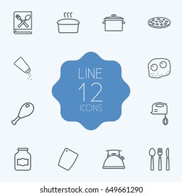 Set Of 12 Culinary Outline Icons Set.Collection Of Book Of Recipes, Cutlery, Mixer And Other Elements.