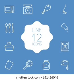 Set Of 12 Culinary Outline Icons Set.Collection Of Scales, Bread, Microwave And Other Elements.