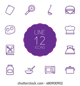 Set Of 12 Culinary Outline Icons Set.Collection Of Chopping Board, Pan, Skillet And Other Elements.