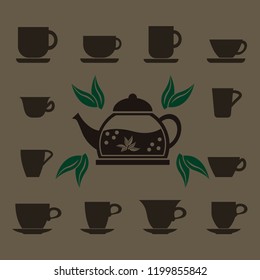 A set of 12 cups of various shapes and a glass teapot with boiling water. Vector Isolated Objects