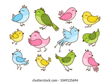 Set of 12 cute birds isolated on white