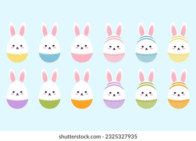 Set of 12 cute bunny eggs. Colorful, cheerful bunnies. Easter eggs. Vector Illustration