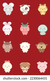 Set of 12 cute Chinese zodiac signs cartoon. Hand drawn flat vector illustration in crayon colored texture isolated on red background.