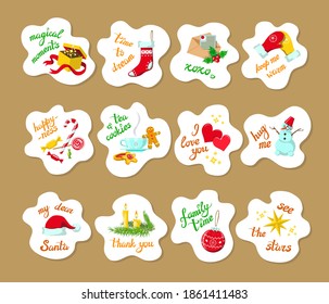 Set of 12 cute Christmas stickers, New Year objects, symbols in white clouds on brown paper, design elements clipart, handwritten hygge phrases