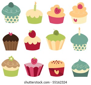 Set of 12 cute cupcakes.