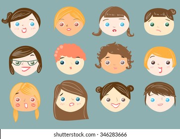 Set of 12 cute female faces.