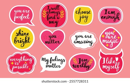 Set with 12 cute girly self love affirmations stickers. Hand drawn vector illustrations isolated on pink background