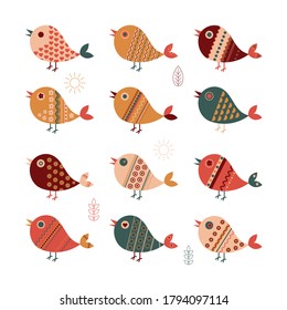 set of 12 cute little colored birds for design items for children isolated on a white background. Beautiful birds for banners, wallpapers, textiles, books, cards, toys for children. flat design.