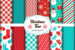 Set Of 12 Cute Seamless Christmas Time Patterns With Traditional Ornaments