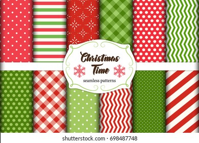 Set of 12 cute seamless Christmas Time patterns with traditional ornaments