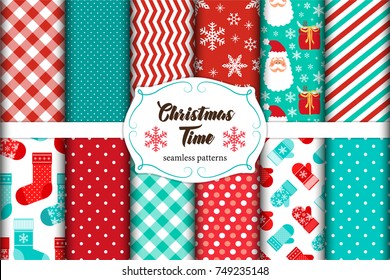 Set Of 12 Cute Seamless Christmas Time Patterns With Traditional Ornaments