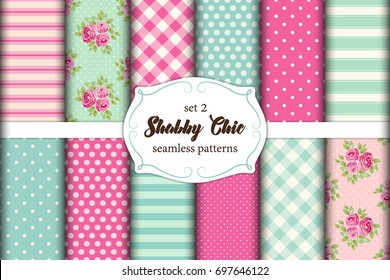 Set of 12 cute seamless Shabby Chic patterns with roses, polka dots. stripes and plaid