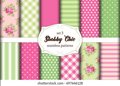 Set of 12 cute seamless Shabby Chic patterns with roses, polka dots. stripes and plaid