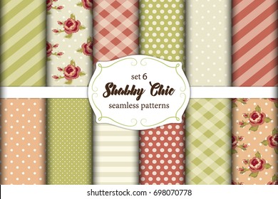 Set of 12 cute seamless Shabby Chic patterns with roses, polka dots. stripes and plaid