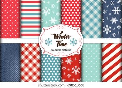 Set of 12 cute seamless Winter Time patterns with traditional ornaments