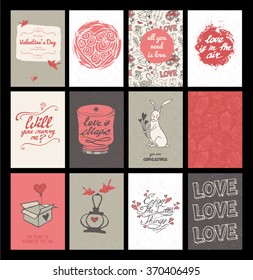 Set of 12 cute valentine's day hand-drawn greeting cards