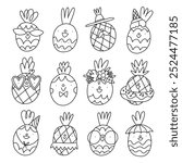 Set of 12 cute vector cartoon pineapples in doodle style, black and white outline illustrations, coloring page, summer chill party characters, isolated on white background