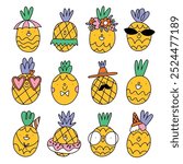 Set of 12 cute vector cartoon pineapples in doodle style, summer chill party characters, isolated on white background