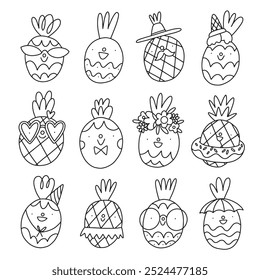 Set of 12 cute vector cartoon pineapples in doodle style, black and white outline illustrations, coloring page, summer chill party characters, isolated on white background