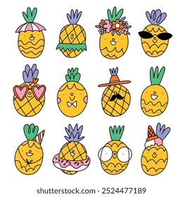 Set of 12 cute vector cartoon pineapples in doodle style, summer chill party characters, isolated on white background