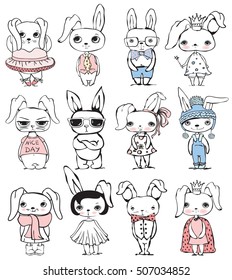 Set of 12 cute vector fashion rabbits