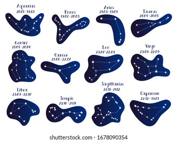 Set of 12 cute vector zodiacal constellations. Collection of 12 zodiac signs with titles and dates. Aries, Taurus, Leo, Gemini, Virgo, Scorpio, Libra, Aquarius, Sagittarius, Pisces, Capricorn,Cancer. 