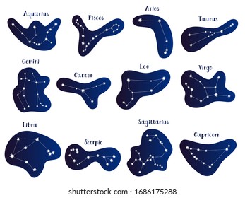 Set of 12 cute vector zodiacal constellations. Collection of 12 zodiac signs with titles. Aries, Taurus, Leo, Gemini, Virgo, Scorpio, Libra, Aquarius, Sagittarius, Pisces, Capricorn, Cancer. 