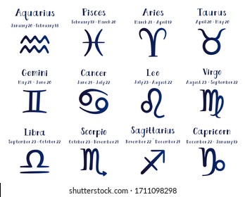 Set of 12 cute vector zodiacal constellations. Collection of 12 zodiac signs with titles and dates. Aries, Taurus, Leo, Gemini, Virgo, Scorpio, Libra, Aquarius, Sagittarius, Pisces, Capricorn,Cancer.