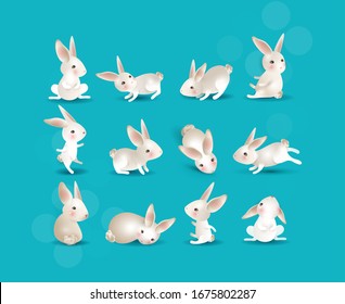 Set of 12 cute white hares in different poses on blue background. For Happy Easter greeting cards, festive banners, birthday invitation, characters for children, design elements. Vector illustration.