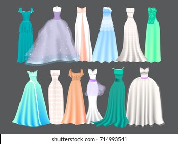 Set of 12 cute women dresses. Vector illustration Dress collection: Glamorous cocktail, Evening and Prom Dress