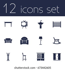 Set Of 12 Decor Icons Set.Collection Of Sink, Wardrobe, Chair And Other Elements.