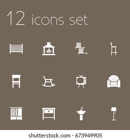 Set Of 12 Decor Icons Set.Collection Of Wardrobe, Illuminator, Chair And Other Elements.