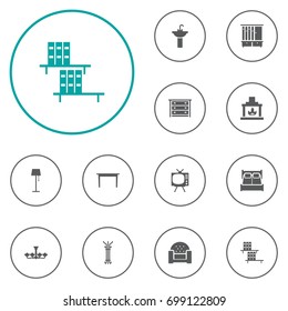 Set Of 12 Decor Icons Set.Collection Of Desk, Bedroom, Illuminator And Other Elements.